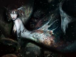 1girl artist_name breasts brown_hair commentary english_commentary fins fish_tail mermaid monster_girl original painterly scales sebijy solo tail white_eyes