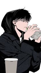 Rule 34 | 1boy, black hair, black jacket, closed mouth, commentary, cup, eating, food, food on face, food wrapper, gaek99, grey hair, highres, holding, holding food, hood, hood up, hooded jacket, jacket, kaijuu no. 8, long sleeves, looking to the side, male focus, multicolored hair, narumi gen, shirt, short hair, sideways glance, simple background, solo, symbol-only commentary, upper body, white background, white shirt