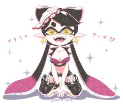 armband black_armband black_hair black_shirt black_shorts boots bow bow-shaped_hair breasts callie_(octo_idol_outfit)_(splatoon) callie_(splatoon) cowlick dark_yellow_pupils drawn_heart earrings eye_mask eyelashes fangs fish_(food) fishnet_pantyhose fishnets food food_on_head gold_earrings gradient_hair hands_on_floor hat high_heels highres jewelry kneeling long_hair long_pointy_ears looking_at_viewer midriff mole mole_under_eye multicolored_hair navel nintendo object_on_head octopus_hair_ornament octopus_sashimi official_alternate_costume okome_2g2g open_clothes open_mouth open_shirt pale_skin pantyhose pink_hair pink_hat pointy_ears sashimi shirt shoes short_eyebrows short_shorts shorts signature simple_background sleeveless smile splatoon_(series) splatoon_2 spotted_hair star-shaped_pupils star_(symbol) star_earrings suction_cups swept_bangs symbol-shaped_pupils tentacle_hair thick_eyebrows thigh_boots tongue tongue_out translation_request twintails very_long_hair watermark white_background yellow_eyes