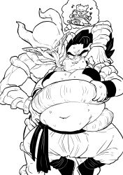 2boys absurdres arms_up breasts cleavage cropped_vest dragon_ball dragon_ball_super dragon_ball_super_broly dragonball_z evil_eyes evil_smile fangs fat fat_man feet_out_of_frame food fork furrowed_brow gogeta greyscale hand_on_another&#039;s_tail highres holding holding_fork holding_knife horns janemba knife long_tongue looking_at_another loose_hair_strand male_focus male_with_breasts medium_hair metamoran_vest monochrome multiple_boys muscular muscular_male musical_note navel nervous nervous_sweating no_shirt obata2nd open_clothes open_mouth open_vest pants parted_lips pectorals pig pinching pinching_cheek pointy_ears restrained sash sharp_teeth shirtless_male shoes simple_background skindentation smile speech_bubble spiked_hair sweat tail tail_around_another&#039;s_waist teeth thought_bubble tongue upper_teeth_only v-shaped_eyebrows vambraces vest