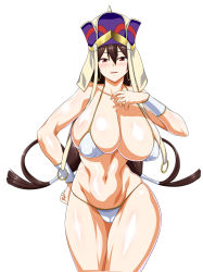 1girl bare_shoulders bikini blush breasts brown_hair cleavage collarbone earrings fate/grand_order fate_(series) female_focus hair_between_eyes hand_on_own_hip hat headdress highres hoop_earrings huge_breasts jewelry long_hair looking_at_viewer low-tied_long_hair navel oneone1 parted_lips red_eyes shiny_skin simple_background smile solo swimsuit white_background white_bikini xuangzang_sanzang_(fate)