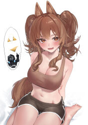 1girl 1other absurdres alternate_costume angelina_(arknights) animal_ears arknights arm_behind_back bare_shoulders barefoot bikini black_coat black_shorts blush bra breasts brown_bra brown_hair cleavage coat commentary doctor_(arknights) dolphin_shorts dot_nose embarrassed english_commentary fox_ears fox_girl fox_tail gold_bikini golden_week_bikini hair_intakes highres hood hood_up hooded_coat large_breasts long_hair looking_at_viewer micro_shorts midriff mkrk_mikaerukung navel open_mouth orange_eyes pink_nails short_shorts shorts sidelocks simple_background sitting solo_focus sports_bra stomach swimsuit tail thigh_gap thighs twintails underwear wariza wavy_hair white_background