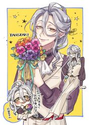 Rule 34 | 1boy, :d, androgynous, aqua ribbon, arm support, ascot, belt, belt buckle, black belt, blush, border, bouquet, bow, brooch, brown shirt, buckle, bungou to alchemist, character name, chibi, chibi inset, closed mouth, cowlick, cuff links, earrings, eyeliner, flower, frilled shirt collar, frills, full body, grey hair, hair between eyes, hair over shoulder, hand on own hip, hands up, high heels, holding, holding bouquet, jewelry, long hair, long hair between eyes, long sleeves, looking at viewer, loosely tucked bangs, low ponytail, makeup, male focus, multiple views, open mouth, orange flower, outside border, pansy, pants, pink flower, ponytail, purple flower, red eyeliner, red shoes, ribbon, shirt, shoes, sidelocks, signature, simple background, smile, solo, star (symbol), stud earrings, tanizaki junichirou (bungou to alchemist), tareme, tasikanakoto, upper body, vest, wavy hair, white ascot, white border, white pants, white vest, yellow background, yellow bow, yellow eyes