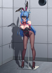 1girl absurdres animal_ears arms_behind_back ball_gag blindfold blue_hair bow bowtie breast_bondage breasts cleavage cuffs detached_collar drooling fake_animal_ears gag gagged high_heels highres large_breasts leotard long_hair object_insertion one_bar_prison original playboy_bunny rabbit_ears red_bow red_bowtie restrained shackles shibari shibari_over_clothes solo standing super_hellrat vaginal vaginal_object_insertion very_long_hair wiffle_gag