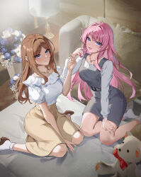 2girls absurdres bang_dream! bang_dream!_it&#039;s_mygo!!!!! blue_eyes brown_hair brown_shoes brown_skirt chihaya_anon chinese_commentary chiyikoupangsanjin closed_mouth collarbone commentary_request dress grey_dress highres indoors jewelry long_hair long_sleeves multiple_girls nagasaki_soyo necklace no_shoes open_mouth pinafore_dress pink_hair shirt shoes short_sleeves sidelocks sitting skirt sleeveless sleeveless_dress socks twirling_hair white_shirt white_socks