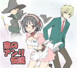 Rule 34 | 1girl, 2boys, asahina mikuru, asahina mikuru (cosplay), bad id, bad pixiv id, black hair, blonde hair, bob cut, bow, breasts, brown eyes, cape, cleavage, cosplay, durarara!!, glasses, hairband, hat, heiwajima shizuo, kadota kyouhei, koizumi itsuki, koizumi itsuki (cosplay), large breasts, multiple boys, nagato yuki, nagato yuki (cosplay), name tag, nanasaki, ono daisuke, red eyes, ribbon, ryuugamine mikado, school uniform, voice actor connection, short hair, sonohara anri, suzumiya haruhi no yuuutsu, sweat, waitress, wand, witch hat