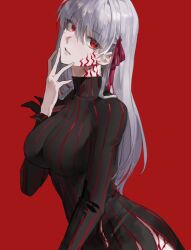 Rule 34 | 1girl, black dress, body markings, breasts, dark persona, dark sakura, dress, empty eyes, fate/stay night, fate (series), finger to own chin, fingernails, grey hair, hair ribbon, hand up, heaven&#039;s feel, highres, large breasts, long hair, long sleeves, looking at viewer, matou sakura, potato goril, red background, red eyes, red ribbon, ribbon, solo, very long hair