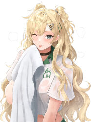 1girl blonde_hair breasts green_skirt grey_eyes hair_ornament hairclip kantai_collection large_breasts long_hair looking_at_viewer minneapolis_(kancolle) minneapolis_(tennis)_(kancolle) odachu official_alternate_costume polo_shirt shirt simple_background skirt smile solo sportswear tennis_skirt tennis_uniform tongue tongue_out towel two_side_up wavy_hair white_background white_shirt