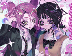 2girls absurdres alien_stage arm_around_shoulder bandaid bandaid_on_face bandaid_on_nose black_hair black_jacket blinky_(pac-man) bow bowtie brown_sweater_vest cellphone cellphone_charm charm_(object) collared_shirt commentary diagonal-striped_bow diagonal-striped_bowtie diagonal-striped_clothes diagonal-striped_necktie english_text flip_phone glasses hair_ornament hairband hairclip heart highres holding holding_phone jacket kirby kirby_(series) long_hair long_sleeves low_ponytail mizi_(alien_stage) multiple_girls necktie nintendo official_alternate_costume open_mouth pac-man_(game) phone pink_hair ponytail purple_eyes rimless_eyewear round_eyewear shirt smile striped_clothes sua_(alien_stage) sweater_vest symbol-only_commentary taowu_(20809) tassel triangle twintails upper_body v white_shirt yellow_eyes