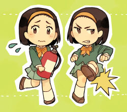 2girls blush_stickers bow bowtie brown_eyes brown_hair cham67726 clenched_teeth clock_tower_(series) clock_tower_ghost_head commentary deformed fire_extinguisher flying_sweatdrops full_body green_background green_jacket green_skirt hairband holding jacket kicking midoushima_yuu multiple_girls pleated_skirt shou_(clock_tower) siblings sisters skirt socks teeth twins white_socks yellow_bow yellow_bowtie yellow_hairband