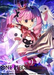 1girl black_eyes blunt_bangs bow bowtie commentary_request copyright_name crown ghost holding holding_paper official_art one_piece one_piece_card_game pantyhose paper perona pink_bow pink_bowtie sacanahen skirt solo sparkle striped_clothes striped_pantyhose tongue tongue_out twintails