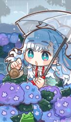 1girl artist_name blue_eyes blue_hair blush_stickers braid chibi chibi_only commentary drawstring flower frog highres hololive hololive_indonesia hydrangea kobo_kanaeru long_hair open_mouth outdoors rain same_anko snail solo transparent transparent_umbrella twitter_username umbrella virtual_youtuber