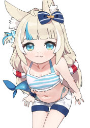 1girl :3 absurdres ahoge animal_ear_fluff animal_ears aqua_eyes araimelon bare_arms bare_shoulders bikini bikini_under_shorts blonde_hair blue_hair blunt_bangs bow cat_ears collarbone commentary cowboy_shot dot_nose fang fang_out flat_chest hair_bow highres indie_virtual_youtuber leaning_forward lifebuoy_hair_ornament long_hair low_twintails midriff multicolored_hair navel one_side_up sameko_saba scrunchie short_shorts shorts side-tie_bikini_bottom simple_background smile solo streaked_hair swimsuit thigh_gap twintails two-tone_hair very_long_hair virtual_youtuber white_background white_shorts wrist_scrunchie