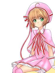 brown_hair cardcaptor_sakura child costume highres kinomoto_sakura looking_at_viewer potikawauowou short_hair sitting smile solo