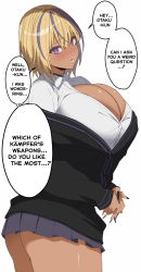 blonde_hair breasts choker dark-skinned_female dark_skin highres huge_breasts kloah nail_polish nervous original purple_eyes school_uniform shinokami_xatiii skirt third-party_edit translated