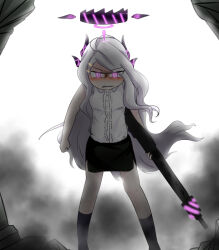 1girl ahoge angry backlighting blue_archive c/h commentary demon_girl demon_horns english_commentary furious glowing glowing_eyes gun hair_ornament hairclip hina_(blue_archive) holding holding_gun holding_weapon horns long_hair looking_at_viewer machine_gun mg42 parted_bangs pencil_skirt ponytail purple_eyes side_slit sidelocks skirt sleeveless solo weapon white_hair