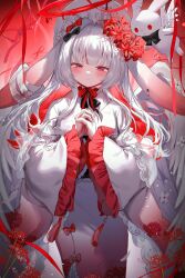 Rule 34 | 1girl, absurdres, angel, angel wings, blush, bow, closed mouth, flower, hair bow, hair flower, hair ornament, halo, headdress, highres, japanese clothes, kimono, long hair, long sleeves, looking at viewer, original, red eyes, red kimono, shirt, smile, solo, twintails, very long hair, white shirt, wings, y o u k a