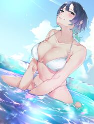 1girl absurdres bikini blue_eyes blue_hair blue_sky breasts cleavage cloud collarbone gradient_hair green_hair hair_ornament hair_tie hairclip halterneck highres kizukisai large_breasts light_blush looking_at_viewer multicolored_hair original parted_bangs reflection reflective_water ripples short_hair sidelocks sitting sky solo sunlight swimsuit v_arms wading wading_pool wariza water wet white_bikini