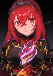 1girl aura breasts crossed_bangs dark_aura dark_persona female_alear_(fell_dragon)_(fire_emblem) female_alear_(fire_emblem) female_alear_(red_days_past)_(fire_emblem) fire_emblem fire_emblem_engage fire_emblem_heroes gloves hair_between_eyes highres long_hair looking_at_viewer medium_breasts nintendo official_alternate_eye_color official_alternate_hair_color red_aura red_eyes red_hair shamu_(peach11_01) solo tiara upper_body very_long_hair