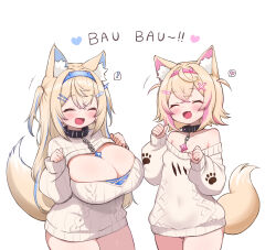 ! 2girls :d alternate_breast_size animal_collar animal_ear_fluff animal_ears bandaid bandaid_hair_ornament bare_shoulders beige_sweater black_collar blonde_hair blue_hairband blush breasts chain cleavage cleavage_cutout clenched_hands closed_eyes clothing_cutout collar collarbone covered_navel cowboy_shot crossed_bangs dog_ears dog_girl dog_tail facing_viewer fang fuwawa_abyssgard hair_between_eyes hair_ornament hairband hairclip hands_up heart highres hololive hololive_english horn_hairband huge_breasts jewelry kani_bonara long_hair long_sleeves mococo_abyssgard multicolored_hair multiple_girls no_bra no_pants off-shoulder_sweater off_shoulder open_mouth pendant pink_hairband ribbed_sweater short_hair simple_background skin_fang sleeves_past_wrists small_breasts smile spoken_exclamation_mark spoken_heart standing streaked_hair sweater tail tail_raised two-tone_hair two_side_up virtual_youtuber white_background x_hair_ornament