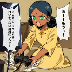 1girl angry bindi black_hair commentary_request controller dark-skinned_female dark_skin double_bun dress game_controller green_eyes gundam gundam_gquuuuuux hair_bun holding holding_controller holding_game_controller lalah_sune mobile_suit_gundam monitor open_mouth playing_games seiza sitting solo speech_bubble to_zaemon translation_request yellow_dress