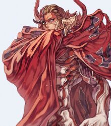 1boy arm_up au_ra bimel_isabella blue_eyes brown_hair cape collared_cape colored_skin commentary_request covering_privates expressionless final_fantasy final_fantasy_xiv grey_background heterochromia highres looking_at_viewer looking_down male_focus monsterification multicolored_cape multicolored_skin muscular muscular_male red_cape rubicante simple_background solid_eyes solo white_eyes