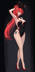 animal_ears arm_up armpits black_hairband breasts bright_pupils cleavage crossed_legs hairband half_updo haruyuki_(karem) heart high_heels highres large_breasts leotard long_hair looking_at_viewer mole mole_under_eye panties playboy_bunny rabbit_ears side-tie_panties underwear very_long_hair white_pupils wuthering_waves yinlin_(wuthering_waves)