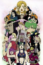 6+boys animal_hood apron bandana battle_tendency black_hair blonde_hair brown_hair dark-skinned_female dark_skin diamond_wa_kudakenai dreadlocks dress enya_geil erina_pendleton ermes_costello eyebrows_hidden_by_hair facial_tattoo foo_fighters_(jojo) hat higashikata_daiya highres hirose_yasuho hood hoodie hot_pants_(sbr) jojo_no_kimyou_na_bouken jojolion kujo_holy kuujou_holly kuujou_jolyne laura_maria lisa_lisa lucy_steel mature_female multiple_boys nijimura_kei outstretched_arms phantom_blood pink_hair ponytail praying sakunami_karera school_uniform serafuku spider_web_print stardust_crusaders steel_ball_run stone_ocean sugimoto_reimi suzi_q tattoo trish_una vento_aureo yamagishi_yukako
