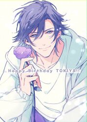 Rule 34 | 1boy, arm up, blue eyes, blue hair, closed mouth, collarbone, cowboy shot, english text, flower, hair between eyes, happy birthday, holding, holding flower, hood, hood down, hoodie, ichinose tokiya, light particles, long sleeves, looking at viewer, male focus, pants, purple flower, purple pants, shirt, simple background, smile, tobotobooo, undershirt, uta no prince-sama, white background, white hoodie, white shirt