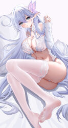 1girl absurdres aichinaigai albion_(a_fairy-tale_breakfast)_(azur_lane) albion_(azur_lane) aqua_eyes azur_lane bare_shoulders blush bra breasts butterfly_hair_ornament cleavage commentary_request feet hair_between_eyes hair_ornament hair_spread_out hand_up highres large_breasts long_hair long_legs long_sleeves looking_at_viewer lying navel no_shoes off_shoulder official_alternate_costume on_side open_clothes open_shirt panties plantar_flexion pointy_ears shirt soles solo stomach thighhighs thighs toes underwear very_long_hair white_bra white_hair white_panties white_shirt white_thighhighs