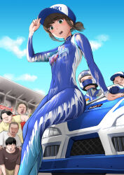 1girl 6+boys arm_up baseball_cap blue_hat blue_sky blush bodypaint breasts car commission completely_nude day exhibitionism faceless faceless_male fubuki_(kancolle) green_eyes hand_on_headwear hat kantai_collection kasu_(kasunohikari) looking_down melting motor_vehicle multiple_boys naked_paint navel nipples nude open_mouth outdoors painted_clothes ponytail public_indecency race_queen race_vehicle racecar short_hair short_ponytail sitting skeb_commission sky small_breasts solo_focus