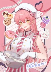 1girl :d absurdres apron bare_shoulders blush bowl character_name checkerboard_cookie chocolate_chip_cookie commentary cookie cooking cowboy_shot donut food gloves hair_between_eyes hat heart_ribbon highres holding holding_bowl holding_whisk long_hair looking_at_viewer lower_teeth_only macaron mixing mixing_bowl nagi_(pickles_pipipi) necktie open_mouth original pink_apron pink_hair pink_necktie red_ribbon ribbon shirt sleeveless sleeveless_shirt smile solo striped_apron striped_clothes striped_necktie symbol-only_commentary teeth tongue two-tone_necktie waist_apron whisk white_gloves white_hat white_necktie white_shirt yellow_eyes