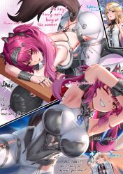 3girls absurdres armor armpits arms_up ass backless_bodysuit bare_shoulders black_bow black_collar black_hair blonde_hair blue_eyes blue_hair blush bodysuit bow breastplate breasts cartethyia_(wuthering_waves) collar colored_inner_hair commentary crown_of_thorns cruzvu earrings english_commentary english_text female_rover_(wuthering_waves) fleurdelys_(wuthering_waves) girl_on_top grin hair_bow hairband headgear highres holding holding_sword holding_weapon horns jewelry large_breasts long_hair long_horns looking_at_viewer lupa_(wuthering_waves) medium_breasts metal_hairband multicolored_hair multiple_girls multiple_rings necklace one_eye_closed open_mouth parted_bangs pink_hair pointy_ears pout red_pupils ring rover_(wuthering_waves) single_horn smile sword tabard tacet_mark_(wuthering_waves) tail transformation weapon white_bodysuit white_tabard wolf_tail wrist_guards wuthering_waves yellow_eyes yellow_horns