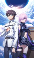 1boy 1girl armored_leotard ars_almadel_salomonis_(fate) asymmetrical_legwear black_gloves black_leotard black_pants black_thighhighs blue_eyes blue_sky breasts brown_hair chaldea_uniform clenched_hand clothing_cutout cloud cloudy_sky command_spell commentary day elbow_gloves fate/grand_order fate/grand_order:_first_order fate_(series) feet_out_of_frame fujimaru_ritsuka_(male) gloves gotou_keisuke hair_over_one_eye holding holding_shield jacket leotard light_frown long_sleeves lord_camelot_(fate) mash_kyrielight mash_kyrielight_(demi-servant) medium_breasts medium_hair navel official_art pants pink_hair purple_eyes purple_gloves purple_thighhighs shield short_hair sky standing stomach_cutout thigh_strap thighhighs third-party_source two-tone_gloves two-tone_thighhighs uneven_legwear white_jacket
