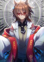 1girl agnes_tachyon_(umamusume) animal_ears black_necktie black_shirt brown_hair closed_mouth hair_between_eyes highres horse_ears horse_girl lab_coat looking_at_viewer necktie red_eyes ruisuke shirt short_hair smile solo sweater_vest test_tube umamusume yellow_sweater_vest