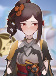 Rule 34 | 1girl, absurdres, asymmetrical sidelocks, asymmetrical sleeves, averting eyes, black bow, black choker, black gloves, black sleeves, blonde streaks, blurry, blurry background, blush, bow, bow choker, breasts, brown hair, chiori (genshin impact), choker, closed mouth, depth of field, drill hair, elbow gloves, embarrassed, four-finger heart hands, furrowed brow, gem, genshin impact, gloves, grey kimono, hair ornament, hair stick, hands up, heart, heart hands, highres, japanese clothes, kanzashi, kimono, looking to the side, medium breasts, mismatched sleeves, multicolored hair, nose blush, obi, obijime, orange gemstone, outline, parted bangs, red eyes, red sash, ribbon, sash, short sleeves, side drill, sleeveless, sleeveless kimono, solo, straight-on, streaked hair, striped bow, striped clothes, striped ribbon, tamoto (genshin impact), two-tone hair, upper body, vertical-striped clothes, vision (genshin impact), wavy mouth, white outline, yellow ribbon, yellow sleeves, zakiz4kisos0