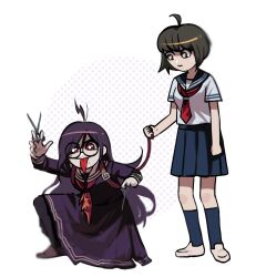 2girls ahoge blue_sailor_collar blue_skirt blue_socks bright_pupils closed_mouth collared_shirt commentary danganronpa_(series) danganronpa_another_episode:_ultra_despair_girls english_commentary fukawa_toko full_body genocider_shou green_eyes green_hair highres holding holding_leash holding_scissors holding_weapon kneehighs leash lightning_ahoge lily_(superkiiisa) long_hair long_sleeves long_tongue mole mole_under_mouth multiple_girls naegi_komaru neckerchief necktie purple_hair purple_serafuku purple_shirt purple_skirt red_eyes red_neckerchief red_necktie sailor_collar school_uniform scissors serafuku shirt shoes short_hair short_sleeves simple_background skirt skirt_set smile socks squatting standing sweat tongue tongue_out torn_clothes torn_neckerchief weapon white_background white_pupils white_sailor_collar white_shirt white_shoes