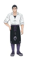 Rule 34 | 1boy, anime coloring, aoi tomato, apron, black apron, black hair, closed mouth, collared shirt, dennis (tsuihousha shokudou e youkoso!), full body, highres, long sleeves, looking at viewer, male focus, muscular, muscular male, open hand, pants, shirt, shoes, short hair, simple background, sleeves rolled up, smile, solo, standing, thick eyebrows, transparent background, tsuihousha shokudou e youkoso!, very short hair, waist apron, white shirt