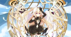 1girl black_dress blonde_hair blue_sky breasts broken cage clothing_cutout cloud date_a_live date_a_live:_spirit_pledge day detached_sleeves dress feathers game_cg gekijouban_date_a_live:_mayuri_judgement gold_trim long_hair mayuri_(date_a_live) medium_breasts navel official_art open_mouth purple_eyes sky solo third-party_source wings