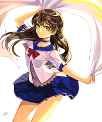 1girl bare_legs blue_choker blue_sailor_collar blue_skirt blue_trim bow bowtie brown_hair choker closed_mouth collarbone covered_navel ells floating_hair green_eyes hair_between_eyes holding long_hair miniskirt original pleated_skirt red_bow red_bowtie sailor_collar school_uniform shirt short_sleeves signature skirt smile solo standing straight_hair white_background white_shirt