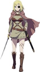 1girl alicia_glenfall belt blonde_hair blue_eyes boots brown_boots brown_cape cape clevatess:_majuu_no_ou_to_akago_to_shikabane_no_yuusha closed_mouth green_shirt looking_at_viewer official_art patch scar scar_across_eye scar_on_face scar_on_leg serious shirt short_hair solo sword transparent_background weapon