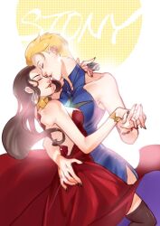 0yongyong0tata 2girls animification artist_name avengers_(series) bare_shoulders black_nails blonde_hair blue_dress blue_eyeshadow breasts brown_hair brown_thighhighs closed_eyes closed_mouth collarbone covered_collarbone dancing dress earrings eyeshadow fingernails genderswap genderswap_(mtf) hand_up holding holding_hands jewelry lipstick long_hair makeup marvel medium_breasts multiple_girls nail_polish red_dress red_lips ring short_hair sidelocks simple_background sleeveless sleeveless_dress smile sparkle standing star_(symbol) star_print steve_rogers strapless strapless_dress thighhighs tony_stark triangle_earrings white_background yuri