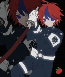 1boy ahoge armband black_bow blue_eyes blue_hair bow closed_mouth highres holding holding_sword holding_weapon last_defense_academy_school_uniform looking_at_viewer male_focus messy_hair multicolored_eyes multicolored_hair red_eyes red_hair simple_background solo solo_focus sumino_takumi sword the_hundred_line_-last_defense_academy- weapon