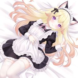 1girl :3 absurdres animal_ears apron bed_sheet black_dress black_ribbon blonde_hair blush cat_ears closed_mouth dress frilled_apron frilled_dress frills garter_straps gradient_hair hair_flaps hair_ribbon hand_on_own_stomach highres long_hair long_sleeves looking_at_viewer maid maid_headdress multicolored_hair neck_ribbon on_bed orange_hair original pink_ribbon purple_eyes ribbon smile solo thighhighs two-tone_hair white_apron white_thighhighs yakitori_mts7 zettai_ryouiki