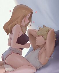 1boy 1girl armpits ass bakugou_katsuki blonde_hair blush boku_no_hero_academia breasts brown_eyes brown_hair chocorut covered_erect_nipples hetero large_breasts long_hair looking_at_another lying male_underwear muscular muscular_male on_back pectoral_cleavage pectorals red_eyes short_hair simple_background sitting sitting_on_person spiked_hair tank_top underwear utsushimi_kemii