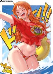 1girl absurdres bikini blue_sky blush breasts clothes_writing cloud collarbone commentary contrapposto day earrings english_commentary english_text highres holding holding_swim_ring innertube jewelry large_breasts lewdamone long_hair looking_to_the_side nami_(one_piece) navel one_eye_closed one_piece open_mouth orange_hair outdoors outstretched_arm patreon_logo patreon_username red_shirt shirt side-tie_bikini_bottom sky smile solo swim_ring swimsuit teeth thighs upper_teeth_only wading water wet