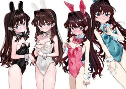 1girl alternate_costume animal_ears aqua_bow aqua_bowtie aqua_leotard aqua_nails ass bare_legs bare_shoulders black_bow black_bowtie black_leotard blue_eyes blush bow bowtie breasts brown_hair cleavage closed_mouth covered_navel detached_collar dual_persona elisia_valfelto embarrassed fake_animal_ears fake_tail flat_ass full-face_blush hair_intakes hands_up leotard light_frown loli long_hair looking_at_viewer luicent multiple_girls multiple_views nail_polish narrowed_eyes original pink_bow pink_bowtie pink_leotard pink_nails playboy_bunny rabbit_ears rabbit_tail sidelocks simple_background small_breasts strapless strapless_leotard sweat tail very_long_hair wavy_hair white_background white_bow white_bowtie white_leotard wrist_cuffs