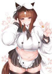 1girl animal_ears apron belly beret black_skirt black_thighhighs blunt_bangs blush bob_cut bow bready_(nikke) bready_(nikke)_(cosplay) breasts brown_hair candy cellulite commentary_request cosplay cowboy_shot ear_ribbon food goddess_of_victory:_nikke grey_ribbon grin hand_on_own_cheek hand_on_own_face hat highres hisagi_(hisagi00) holding holding_candy holding_food holding_lollipop horse_ears horse_girl horse_tail large_breasts lollipop long_sleeves looking_at_viewer medium_hair miniskirt multicolored_hair pleated_skirt plump roots_(hair) shirt skindentation skirt smile solo tail thighhighs transcend_(umamusume) umamusume white_apron white_hat white_shirt