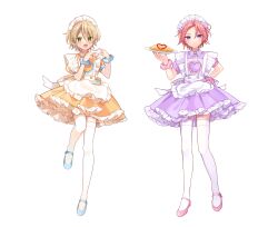 2boys absurdres apron blonde_hair blue_shoes closed_mouth crossdressing dress ensemble_stars! food four-finger_heart_hands frilled_dress frills full_body green_eyes hair_between_eyes hand_on_own_hip heart heart_hands highres holding holding_plate looking_at_viewer maid_apron maid_headdress multiple_boys omelet omurice open_mouth orange_dress oukawa_kohaku pink_hair pink_shoes plate purple_dress purple_eyes shiratori_aira_(ensemble_stars!) shisokonbu shoes short_hair short_sleeves simple_background smile standing standing_on_one_leg thighhighs white_background white_thighhighs
