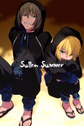 1boy 1girl artoria_caster_(fate) artoria_pendragon_(fate) black_pants black_sweater blonde_hair breasts echo_(circa) fate/grand_order fate_(series) green_eyes grey_hair hood hooded_sweater long_sleeves medium_hair oberon_(fate) oberon_(moody_summer_oberon)_(fate) oberon_(third_ascension)_(fate) pants sandals short_hair small_breasts sweater twintails